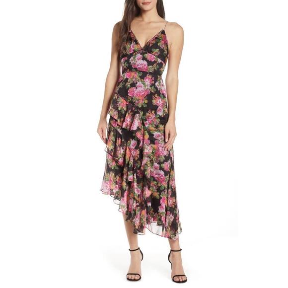 Keepsake The Label Oblivion Midi Dress Asymmetrical Ruffle Hem Black Pink XL